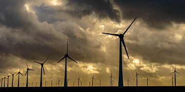 Windpark met rijen windmolens tijdens zonsondergang van Sjoerd van der Wal
