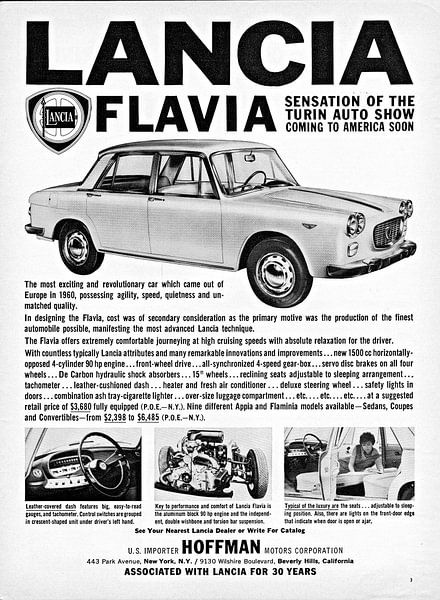 Lancia Flavia Sedan Werbung aus Beverly Hils, California, USA 1961 von Atelier Liesjes