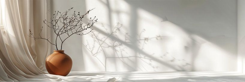 White and elegant still life with vase and branches panorama by Digitale Schilderijen