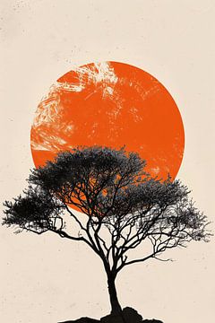 Boom silhouet tegen oranje zonsondergang achtergrond van De Muurdecoratie