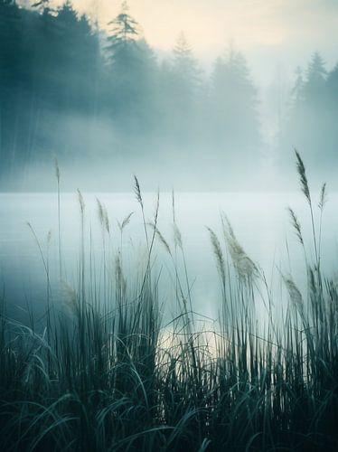 Fog at the mountain lake