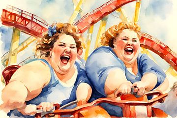 2 cosy ladies laughing on the rollercoaster by De gezellige Dames