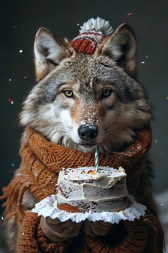 Wolf met verjaardagshoed