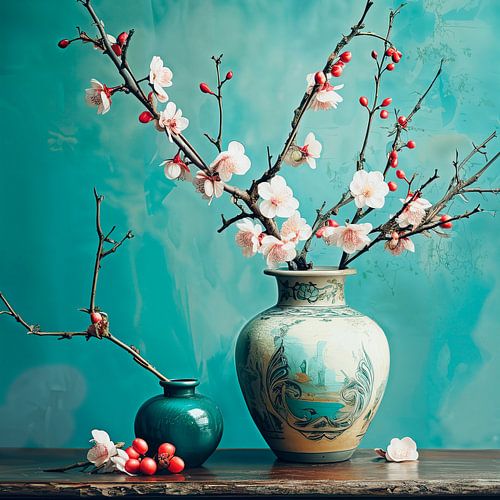 Klassische Vase mit Blütenzweig Stillleben von Vlindertuin-Art