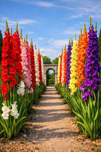 Allée de glaïeuls menant à l'arche de pierre – Gladiolus Pathway to the Stone Arch