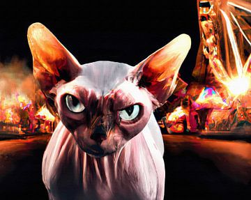 Boos kijkende Sphynx kat op verlichte kermis van Maud De Vries