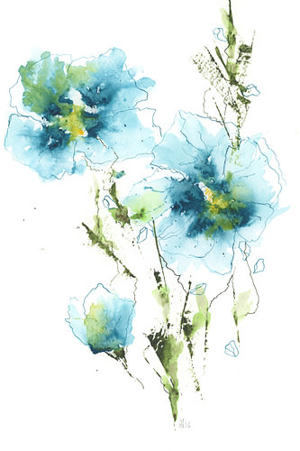 Droomwereld in blauw, handgemaakte aquarel