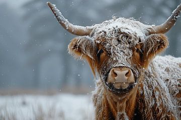 Winter guardian: Scottish Highland cattle in the snow - a work of art for lovers of winter nature by Poster Art Shop