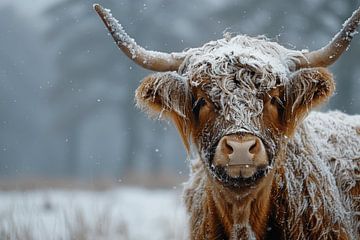 Gardien de l'hiver : Bœuf écossais des Highlands sous la neige - Une œuvre d'art pour les amoureux de la nature hivernale