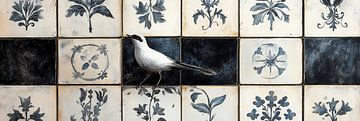 Vogel in blauw-witte tegels met bloemen delfts blauw panorama van Digitale Schilderijen