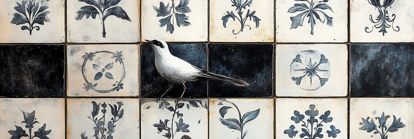 Vogel in blauw-witte tegels met bloemen delfts blauw panorama van Digitale Schilderijen