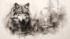 Bleistiftzeichnung eines Wolfes im Wald
