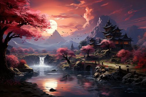 Japanese pagoda with cherry blossoms and waterfall