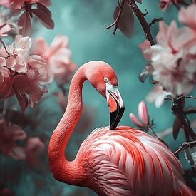 Flamingo tussen Bloesems in Dromerig Licht van Eva Lee