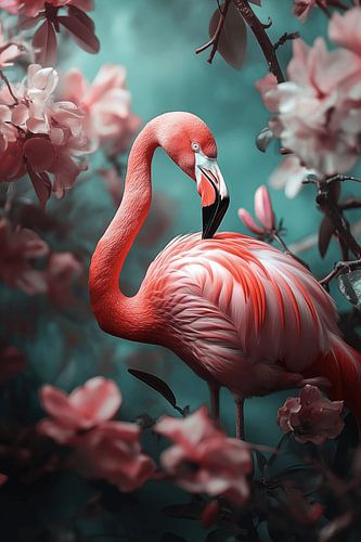 Flamingo among Blossoms in Dreamy Light
