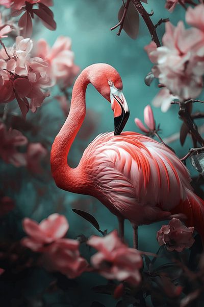 Flamingo tussen Bloesems in Dromerig Licht van Eva Lee