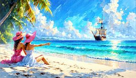 Freundinnen am Meer mit Segelschiff in der Karibik von AidasignArt