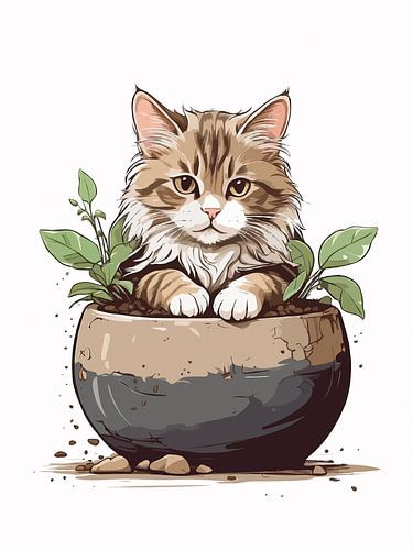 Schattige Kat in Pot Muurkunst