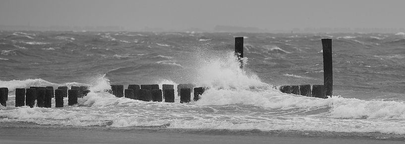 Des brise-lames avec des éclaboussures d'eau sur la côte néerlandaise en noir et blanc par Fred de Krom