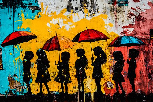 Kinderen met paraplu’s silhouet