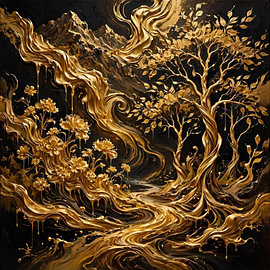 Gilded Whispers: Bomen van vloeibaar goud en bloemendromen op donker doek