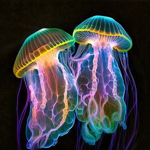 Two neon jellyfish