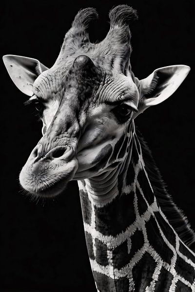 Zwart-wit close-up van giraffedetail van Art & Soul Creations