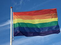 Regenboogvlag wappert met blauwe lucht en wolken