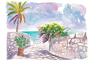Griechische Inselatmosphäre Oleander und Bougainvillea über dem Blau des Ionischen Meeres