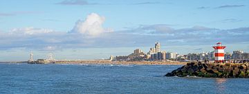 Panoramic view over Scheveningen Pier, beach, and harbor entrance with light house by John Duurkoop
