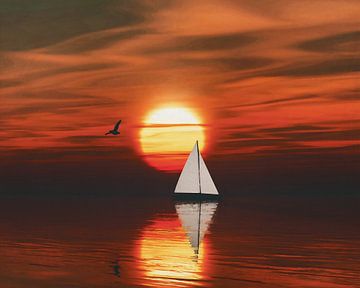 Zeilboot bij zonsondergang van Jan Keteleer