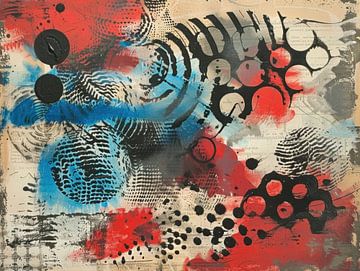 Abstract schilderij in rood, blauw, zwart en beige. van Joriali Abstract