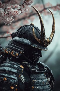 Samurai portrait with cherry blossoms by Poster Art Shop