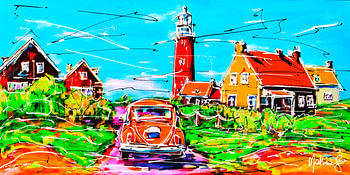 Dutch landscape, VW Beetle and Lighthouse on Texel