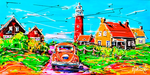 Nederlands landschap, VW Kever en vuurtoren op Texel