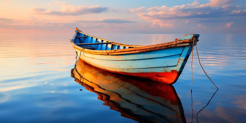 Old Rowing Boat on a Mirror Slippery Sea by Vlindertuin-Art