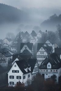 Fachwerkhäuser im Nebel
