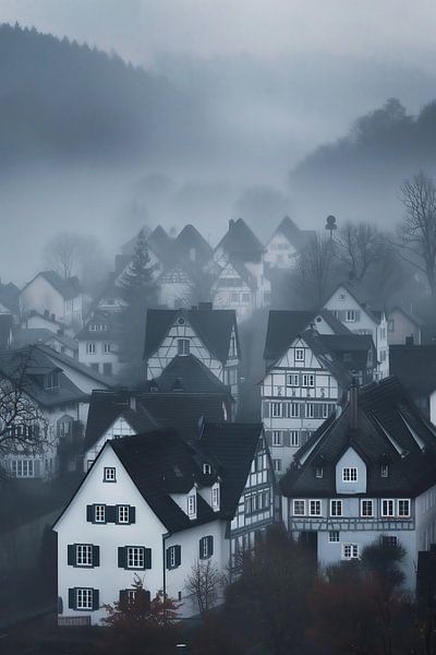 Fachwerkhäuser im Nebel von fernlichtsicht