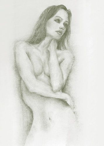 Vrouw denkend naakt, schets, olijfgroen