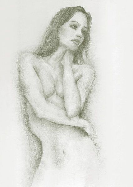 Femme pensant nue, croquis, vert olive par Krista Kitsz Art