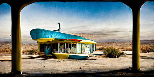 Verlaten restaurant uit de jaren vijftig langs Route 66