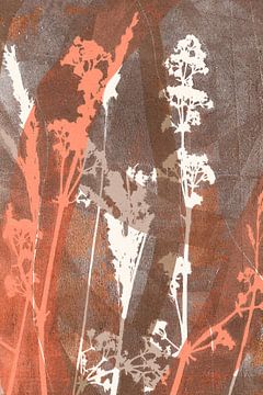 Abstrakte Retro-Botanik. Blumen und Gras in Weiß, Terrakotta, Orange, Braun von Dina Dankers