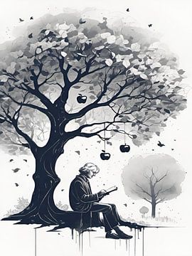 Isaac Newton under the apple tree by MMDAWorks