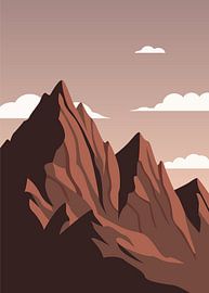 Minimalistische posters van berglandschappen in aardetinten, met een lucht in kleurverloop en gelaagde wolken.
