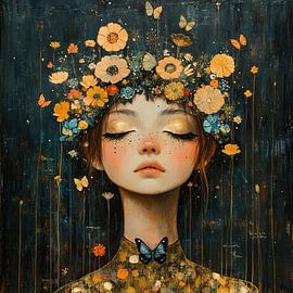 Bloemen Meisje | Vlinder Vrouw van Blikvanger Schilderijen