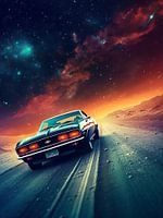 muscle car in mars met maan ruimte wereld aarde