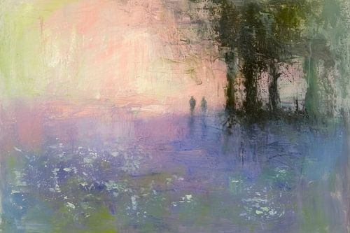 Abstract, landschap, schilderij, paars, lente, bos
