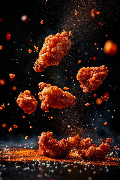 Crispy pieces of chicken in the air by Poster Art Shop