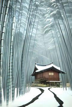 Verschneite Landschaft mit Haus in einem Bambuswald
