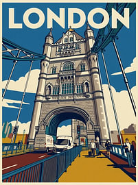 Vintage-Reiseplakat London – Der imposante Turm der Tower Bridge und das Stadtleben